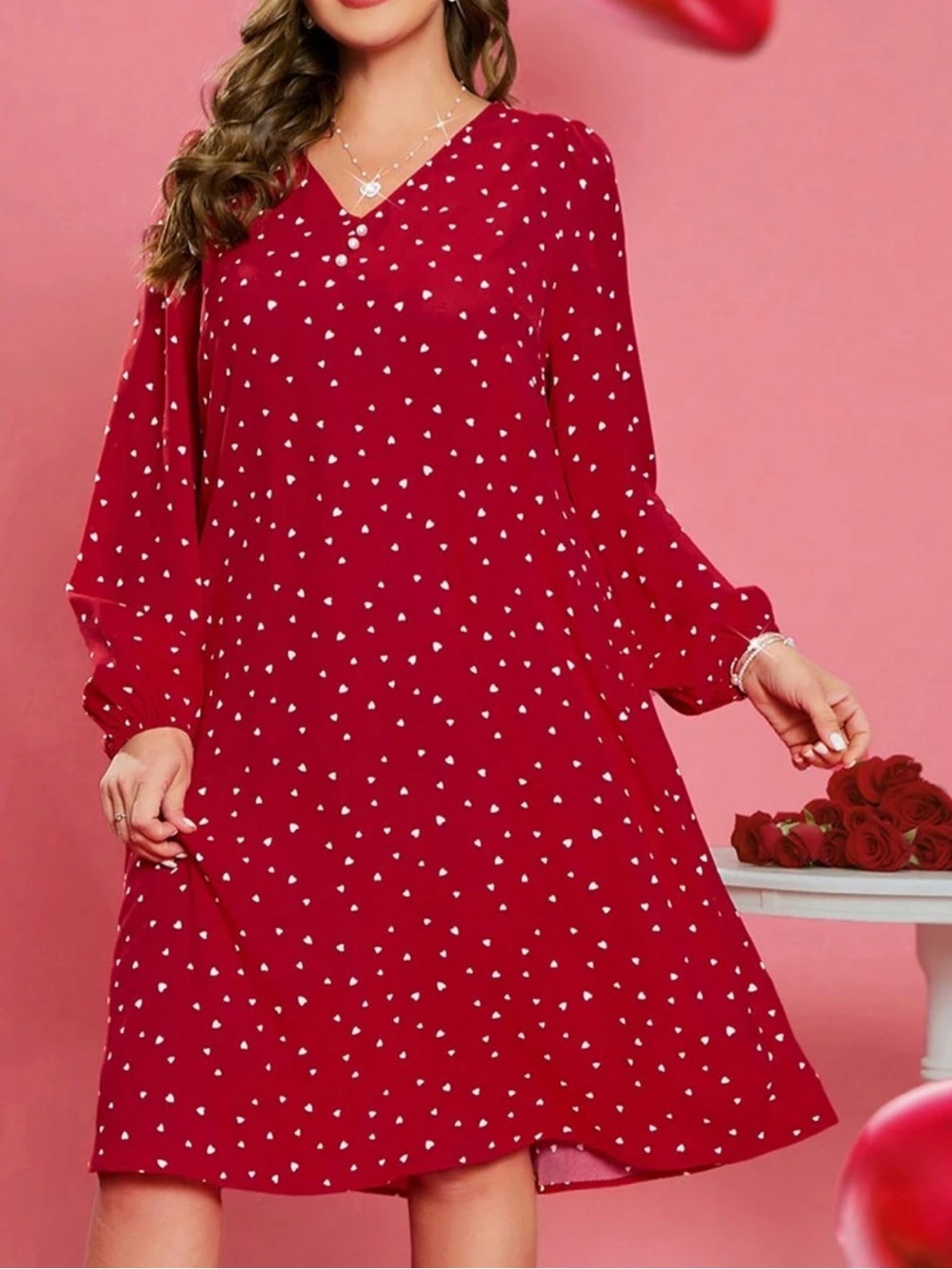 Red Polka Heart V-Neck Long Sleeve Dress